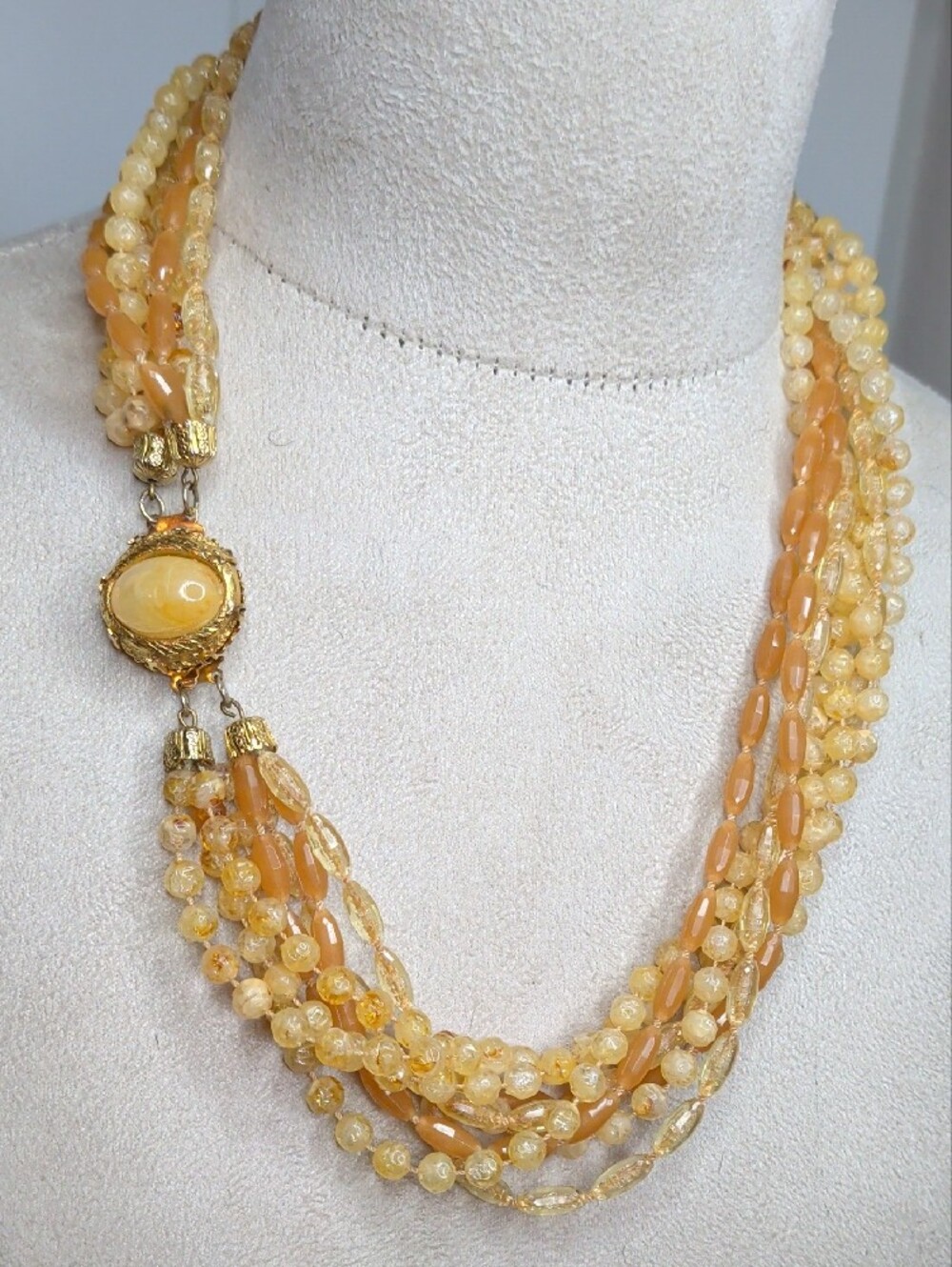 Vintage 50s Necklace Multistrand Tan Cream Decorative Closure Elegant MCM